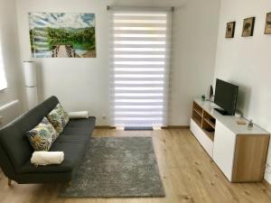 a living room with a couch and a tv at Ferienwohnung Villa Seeblick in Bodensdorf