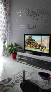 ein Wohnzimmer mit einem Flachbild-TV auf einem Entertainment-Center in der Unterkunft Ylli home Sanremo in Sanremo