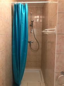 een douche met een blauw gordijn in de badkamer bij Studio Lora RM 1221 in Saint-Louis +7 foto's