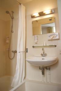 uma casa de banho com um lavatório e um chuveiro em Fletcher Hotel La Ville Blanche em Thorn