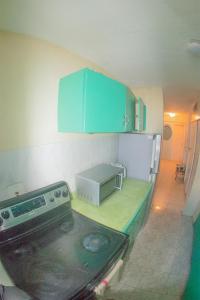 eine kleine Küche mit einem Herd und einem Kühlschrank in der Unterkunft Sword Fish Beach Suite@ Turtle Towers in Ocho Rios