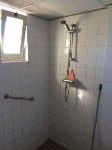 een douche in een badkamer met een raam bij Waterhut 1 Aduarderzijl in Aduarderzijl