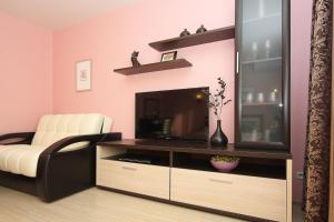 sala de estar con TV y silla en Alt-Otel Apartments, en Chelyabinsk