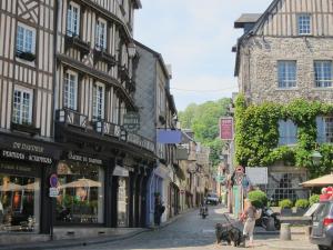 a woman walking a dog on a street with buildings at Au Coeur De La Ville in Honfleur