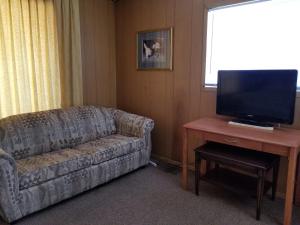 a living room with a couch and a flat screen tv at Melsask Motel in Melville