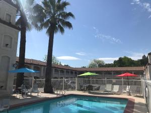 a pool in front of a building with umbrellas at Travelodge by Wyndham Redding CA in Redding