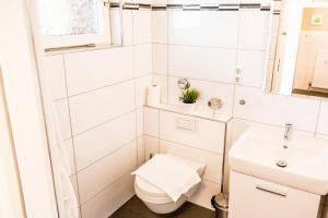 La salle de bains blanche est pourvue de toilettes et d'un lavabo. dans l'établissement Petra, à Goslar