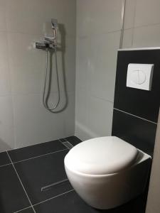 a bathroom with a white toilet and a shower at Cres Studio Till Apartment in Cres