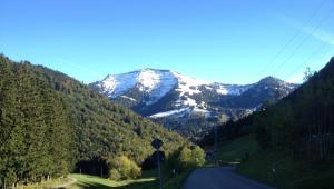 una montaña cubierta de nieve en medio de una carretera en Haus Alpensonne en Oberstaufen