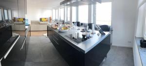 a kitchen with a large island in a living room at Apartment Central Würzburg in Würzburg +6 photos