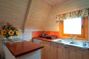 a kitchen with a sink and a vase of flowers at Bajeczne domki in Ustka +18 photos
