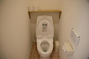 La petite salle de bains est pourvue de toilettes et d'un lavabo. dans l'établissement Mountain Home Lodge in Deer Park, à Nara