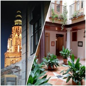 duas imagens de um edifício com plantas num pátio em Apartamentos Nuncio Viejo em Toledo