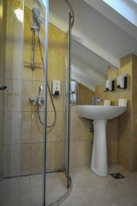 uma casa de banho com um lavatório e um chuveiro em Pensiunea Casa Tepes em Brasov