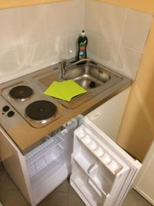 una piccola cucina con lavandino e lavandino di Bärenstark Elbe Ferienwohnung a Marschacht