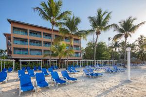 a row of blue lounge chairs and palm trees on a beach at Hotel whala!boca chica - All Inclusive in Boca Chica