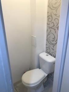 グディニャにあるApartament Pola Śródmieścieの小さなバスルーム(白いトイレ付)が備わります。
