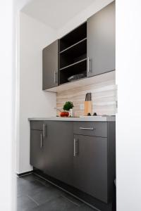 a kitchen with gray cabinets and a counter at Aparthotel Othello in Dingolfing