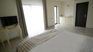 a white room with a bed and a television at Pensiunea Sofia in Remetea Mare