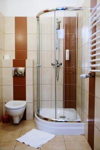 La salle de bains est pourvue d'une douche et de toilettes. dans l'établissement Pałac Koronny Noclegi & Wypoczynek, à Wodzisław