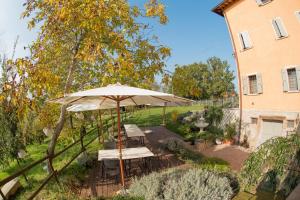 einen Regenschirm in einem Garten neben einem Gebäude in der Unterkunft Agriturismo Podere Diamante in Castelvetro di Modena