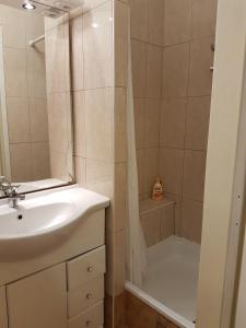 ein Bad mit einem Waschbecken und einer Dusche in der Unterkunft Pension Gross in Wien