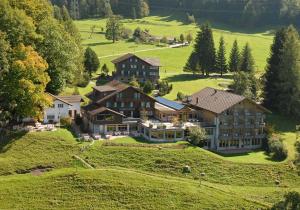 an aerial view of a large house on a hill at Hotel Meielisalp in Leissigen