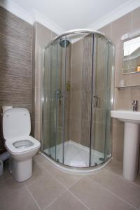 a bathroom with a shower, toilet, and sink at Hill Park Hotel in Rosyth