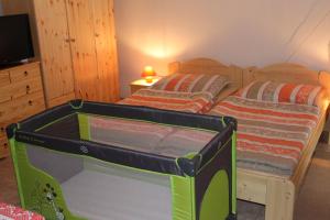 a bedroom with two twin beds and a tv at Orbán Porta in Szalafő +23 photos