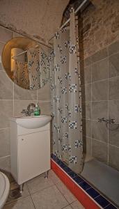 a bathroom with a shower curtain and a sink at Apartments Sekoko in Šibenik