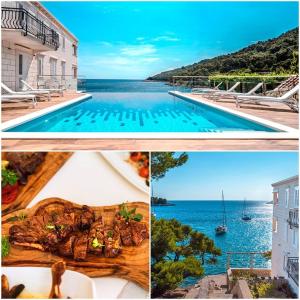 a collage of three pictures of a swimming pool at Pine Tree Boutique Apartments in Saplunara