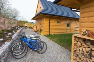 een groep fietsen geparkeerd buiten een cabine bij Domki pod Kuźnią in Falsztyn