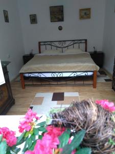 a bedroom with a bed with pink flowers on the floor at Mama Brasov in Braşov