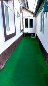 a green floor on the side of a building with windows at Mama Brasov in Braşov