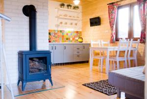 a living room with a stove and a kitchen at Domek Skowronek z basenem in Lesko