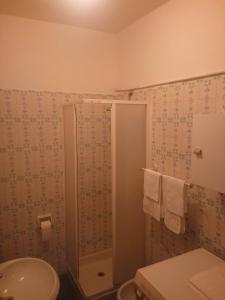 y baño con ducha, aseo y lavamanos. en Appartamenti Menapace, en Torri del Benaco