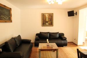 - un salon avec un canapé noir et une table dans l'établissement holidayhome Heidelberg, à Heidelberg