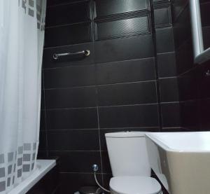 uma casa de banho com um WC e uma parede de azulejos pretos em Argolis Hotel em Nafplio