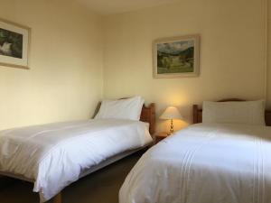 a bedroom with two beds and a lamp on a table at Shieling Holidays Mull in Craignure