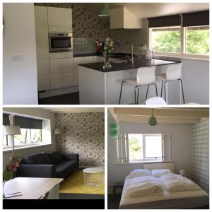 drie verschillende uitzichten op een keuken en een woonkamer bij Rustenpolder kamperen en logeren in Vrouwenpolder