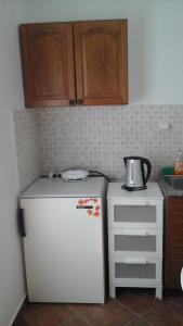 a small kitchen with a white refrigerator and wooden cabinets at Guesthouse Familija Tariba in Supetarska Draga