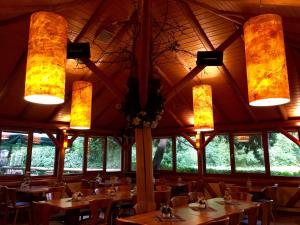 a dining room with tables and chairs and lights at Schlößlesmühle in Leinfelden-Echterdingen +22 photos