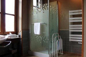 a bathroom with a glass shower with a sink at Maison Poche in Caupenne-dʼArmagnac +37 photos