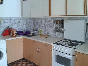 a kitchen with a white stove and a sink at Sunny Apartment Octopus in Prožura