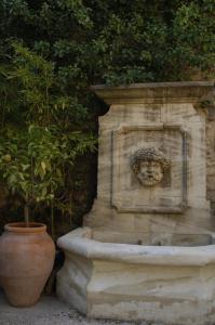 une fontaine en pierre avec un visage à côté d'une plante dans l'établissement Hostellerie Le Roy Soleil, à Ménerbes
