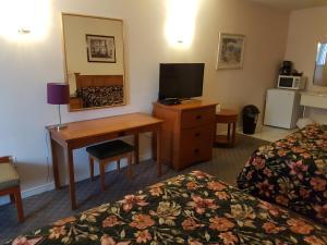 a hotel room with a bed and a desk with a television at Lakeview Resort Motel in Wasaga Beach