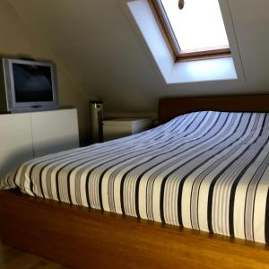 a bedroom with a bed with a television and a window at De Reep in Geraardsbergen