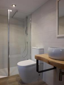 ein Bad mit einem Waschbecken, einem WC und einer Dusche in der Unterkunft La Corrala de Jose Susana in San Miguel