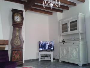 a living room with a grandfather clock and a tv at Chez Clémentine in Montolieu