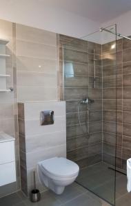 a bathroom with a toilet and a glass shower at Domki Białogóra in Białogóra +11 photos